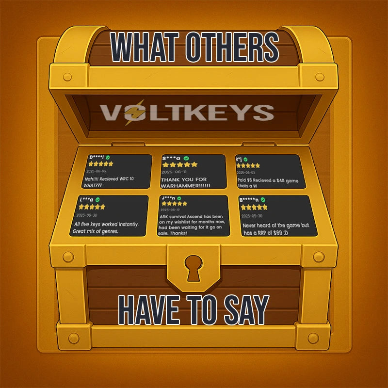 Open wooden treasure chest with text and 'VOLTKEYS' branding on a brown background