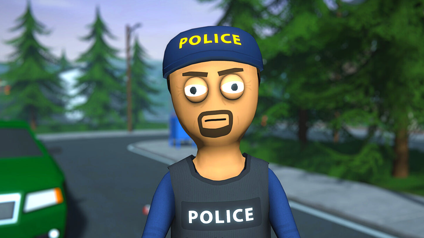 3D animated police character with a blue cap and vest on a road with trees in the background