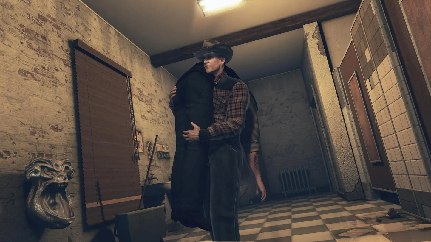 Person in a long coat and hat standing in a dimly lit hallway with checkered floor.
