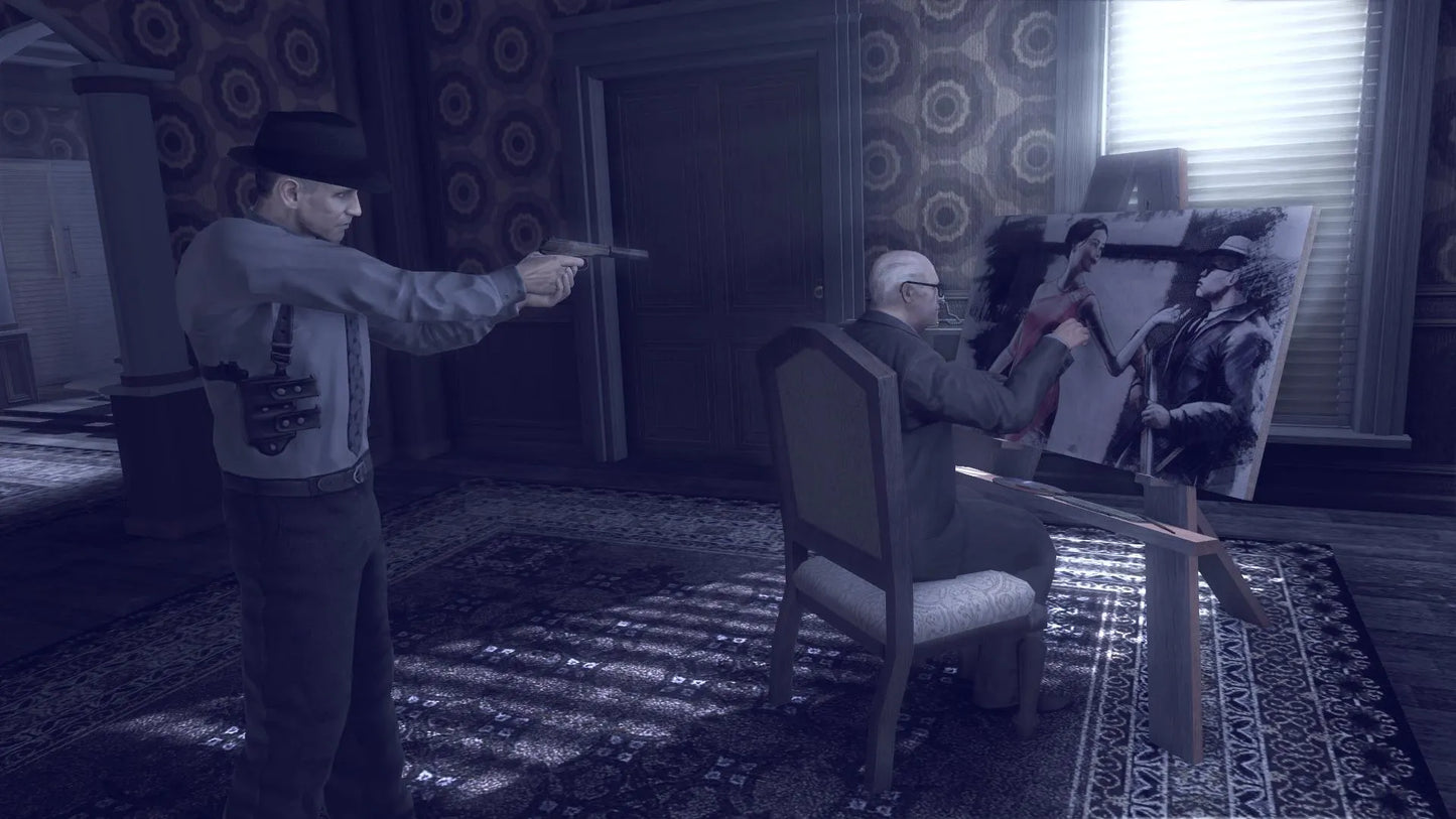 Scene from a video game with a character pointing a gun at another character in a room.