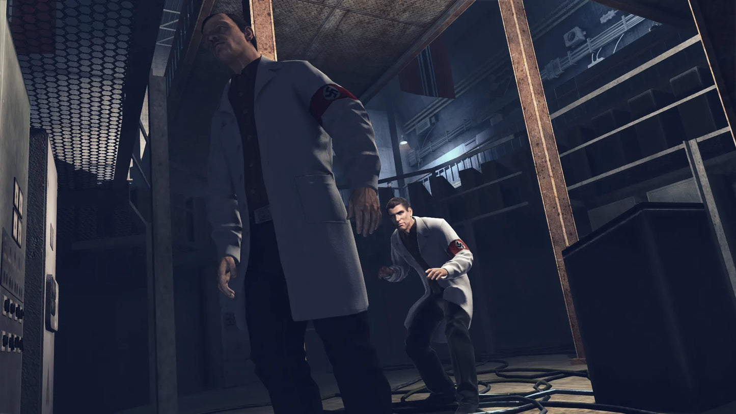 Two characters in a tense confrontation in a dimly lit industrial setting