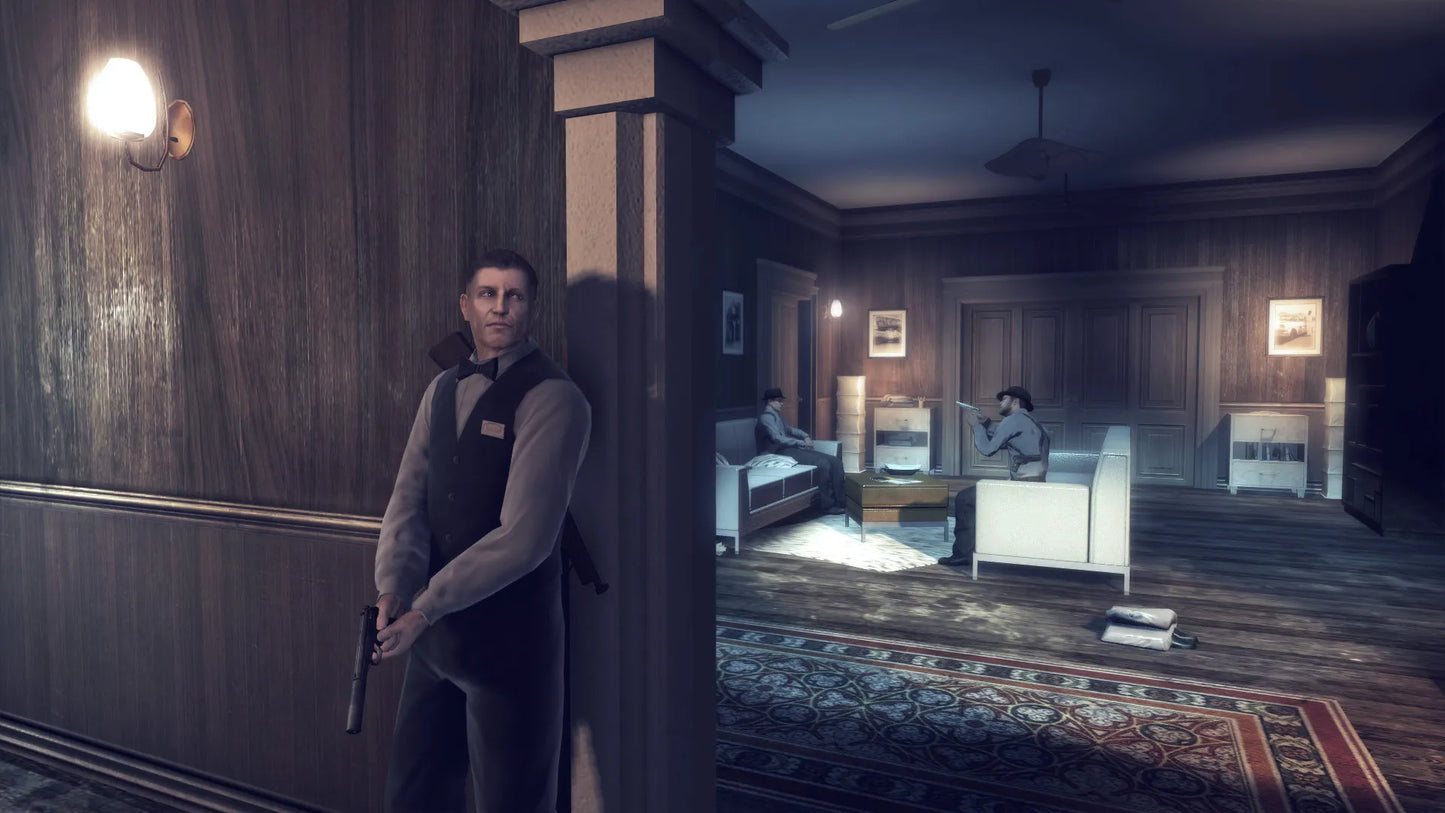 Man holding a gun in a dimly lit room with wooden paneling and furniture.