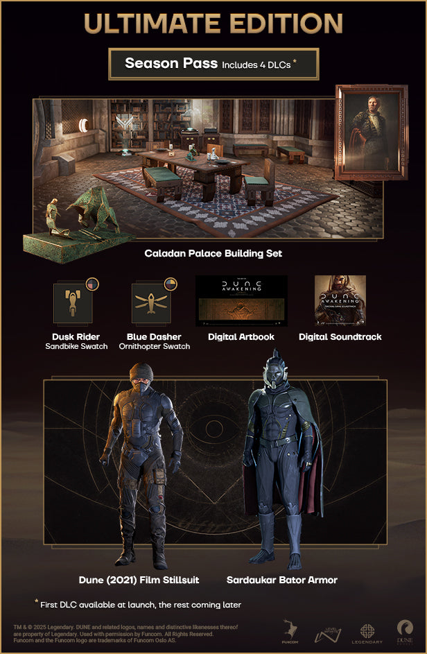 Promotional graphic for 'Dune' Ultimate Edition Season Pass with game elements and character models.