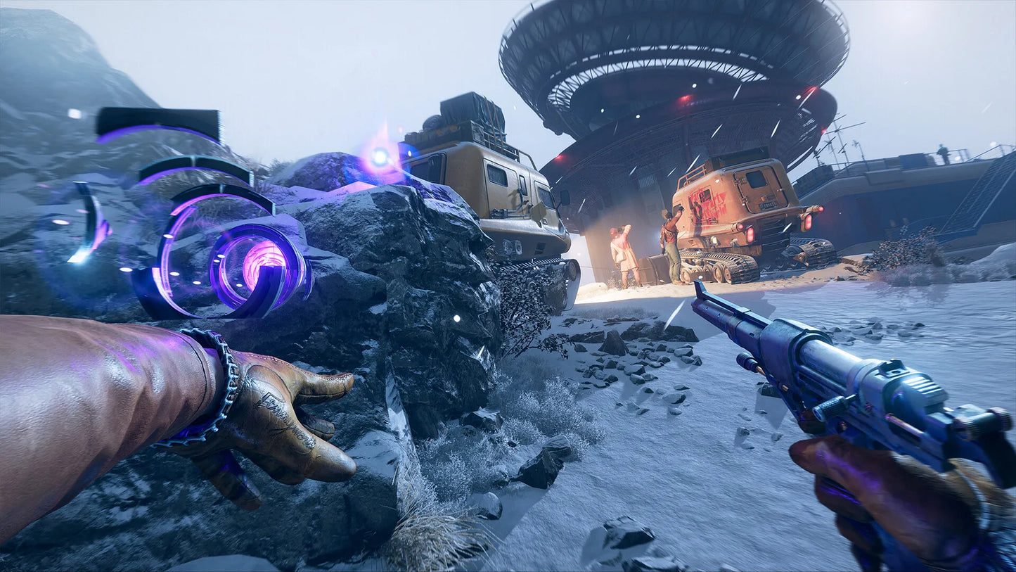 Game scene with futuristic alien ship in a snowy landscape