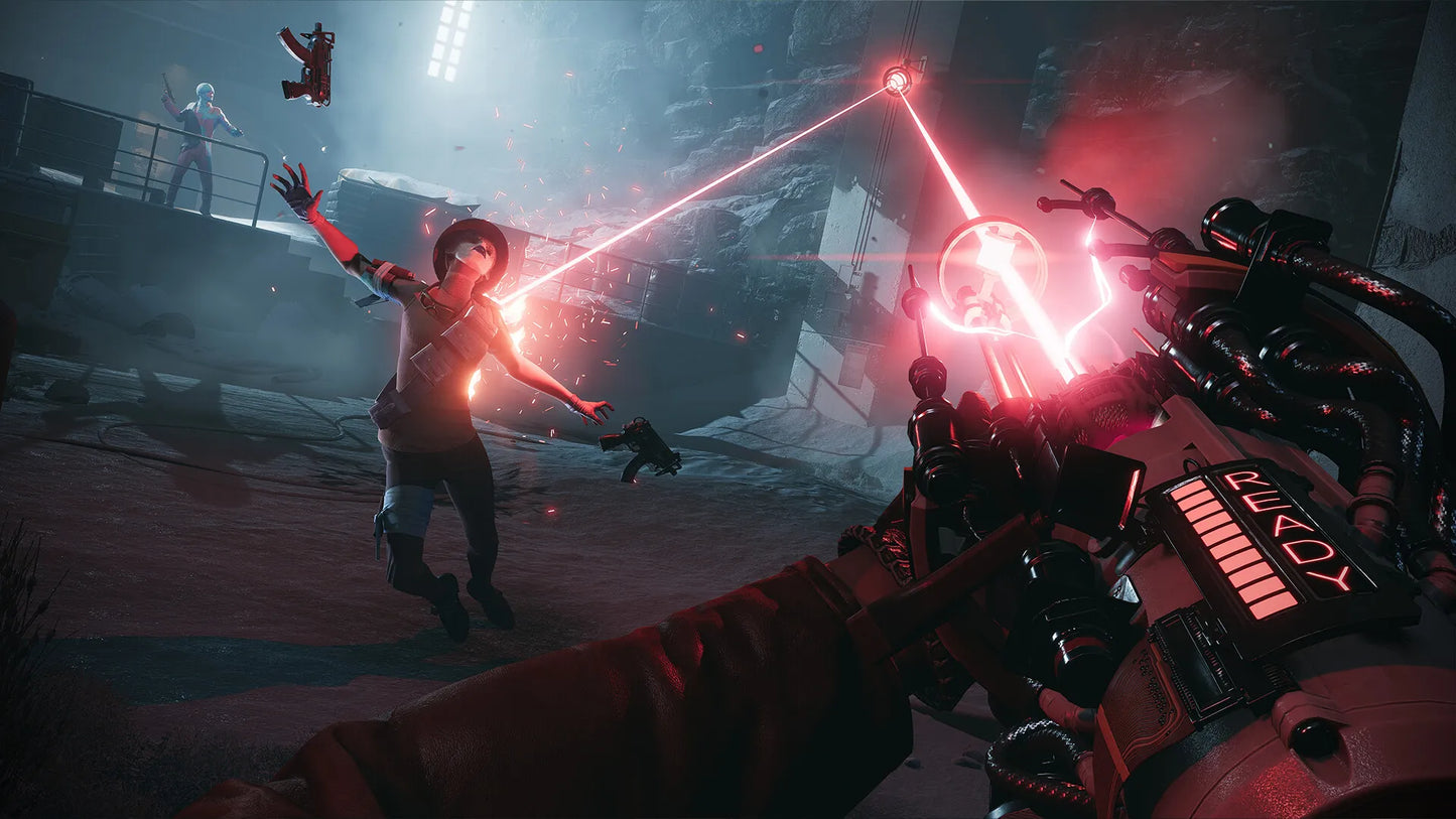 Sci-fi scene with character holding a weapon and red laser beams in a dark, industrial setting.