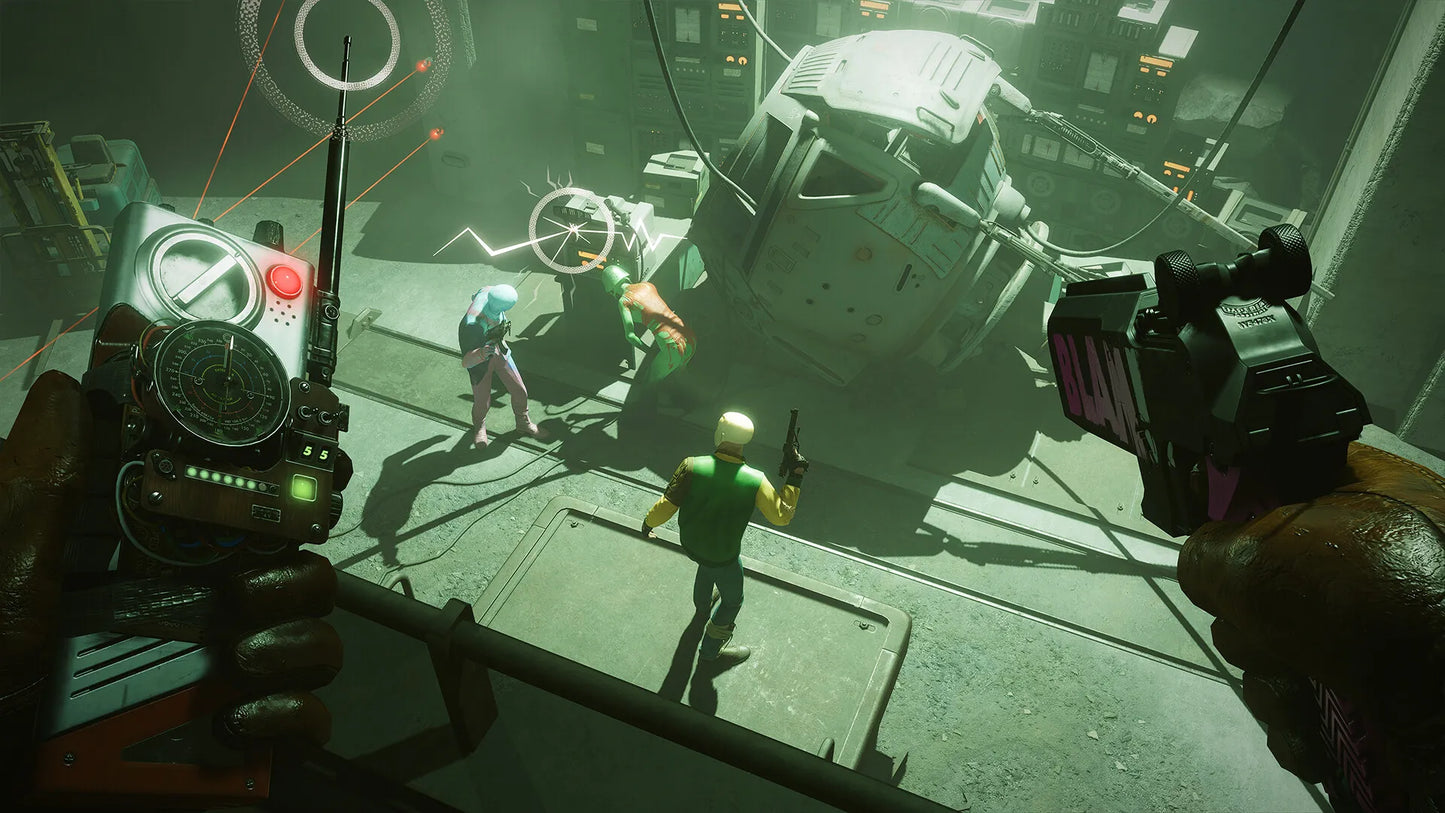 Sci-fi scene with futuristic weapons and characters on a spaceship deck.