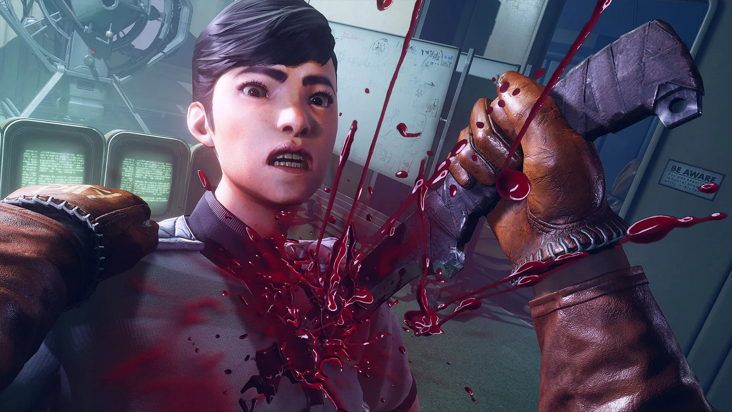 Character with blood splashes in a futuristic setting