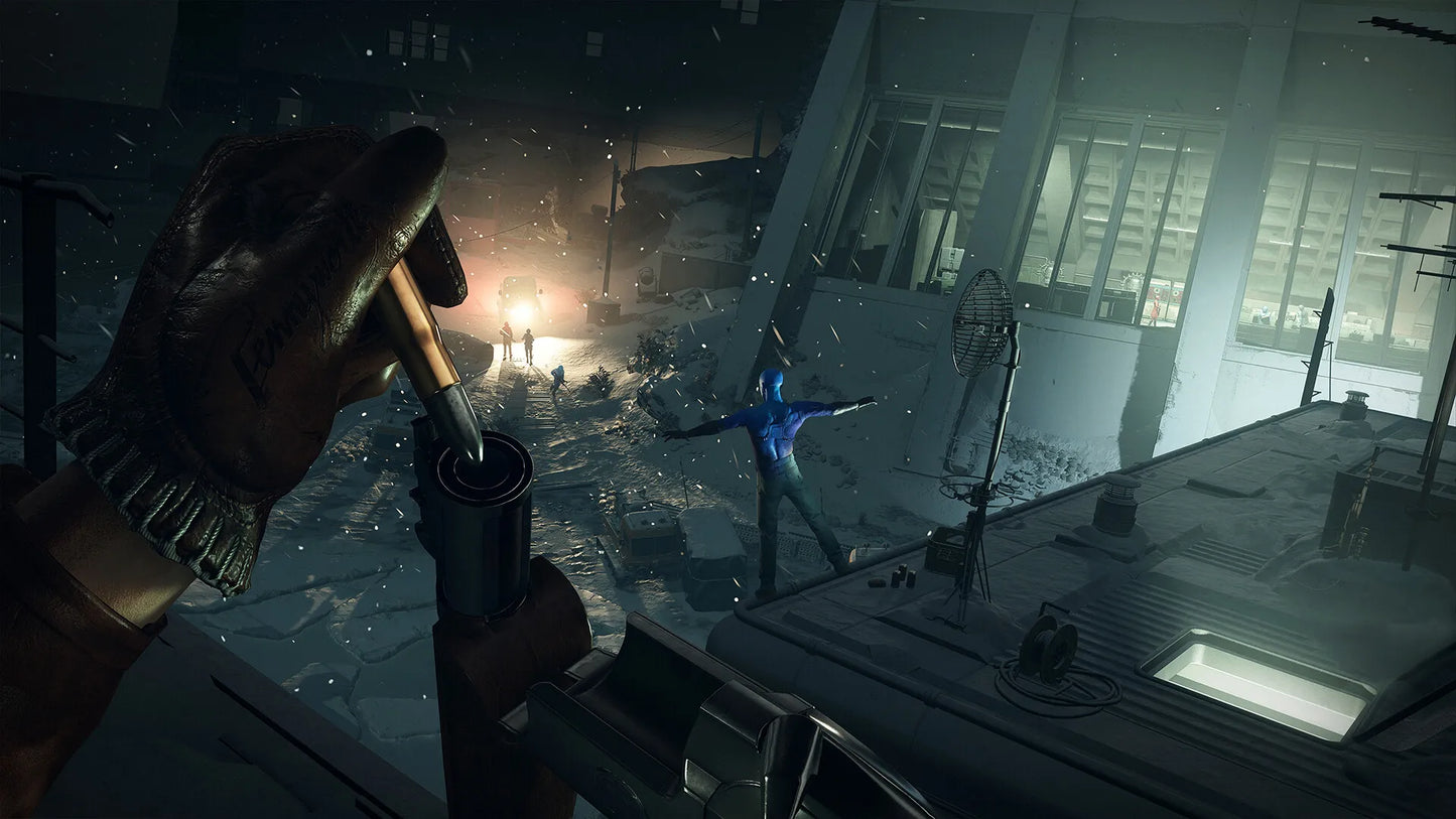 Action scene from a video game with a character holding a weapon and another character in the background.
