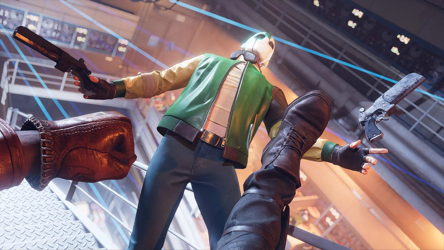 Character in a green jacket and helmet in a dynamic pose with weapons in a futuristic setting