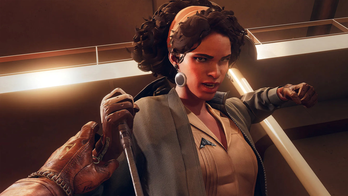 Character in a futuristic setting with a weapon, wearing a detailed outfit.
