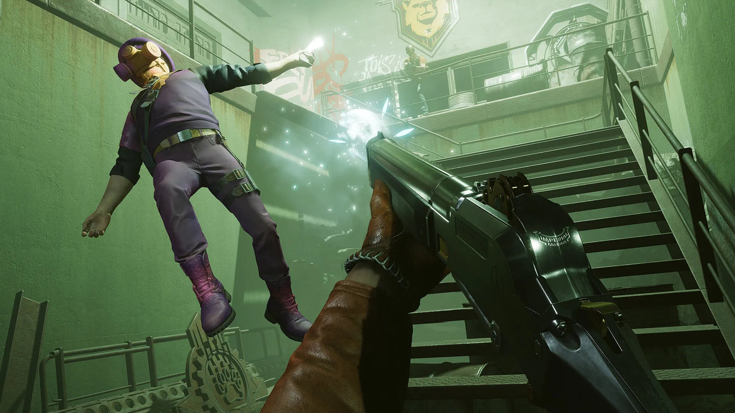 Gameplay scene from a first-person shooter game with a character in a purple outfit being shot.