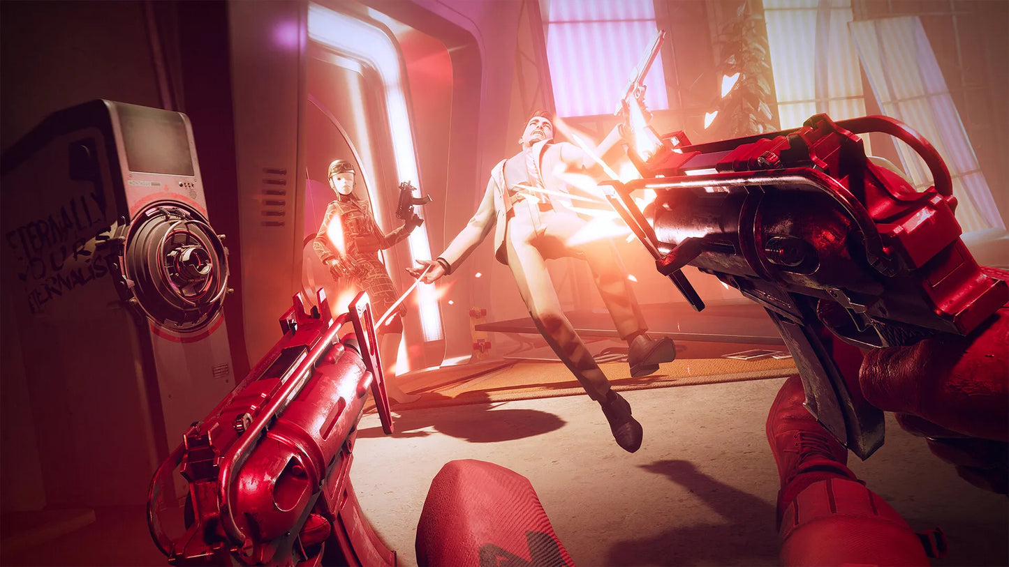 Action-packed scene with a character in a red suit holding a weapon, another character in the background, and a futuristic setting.