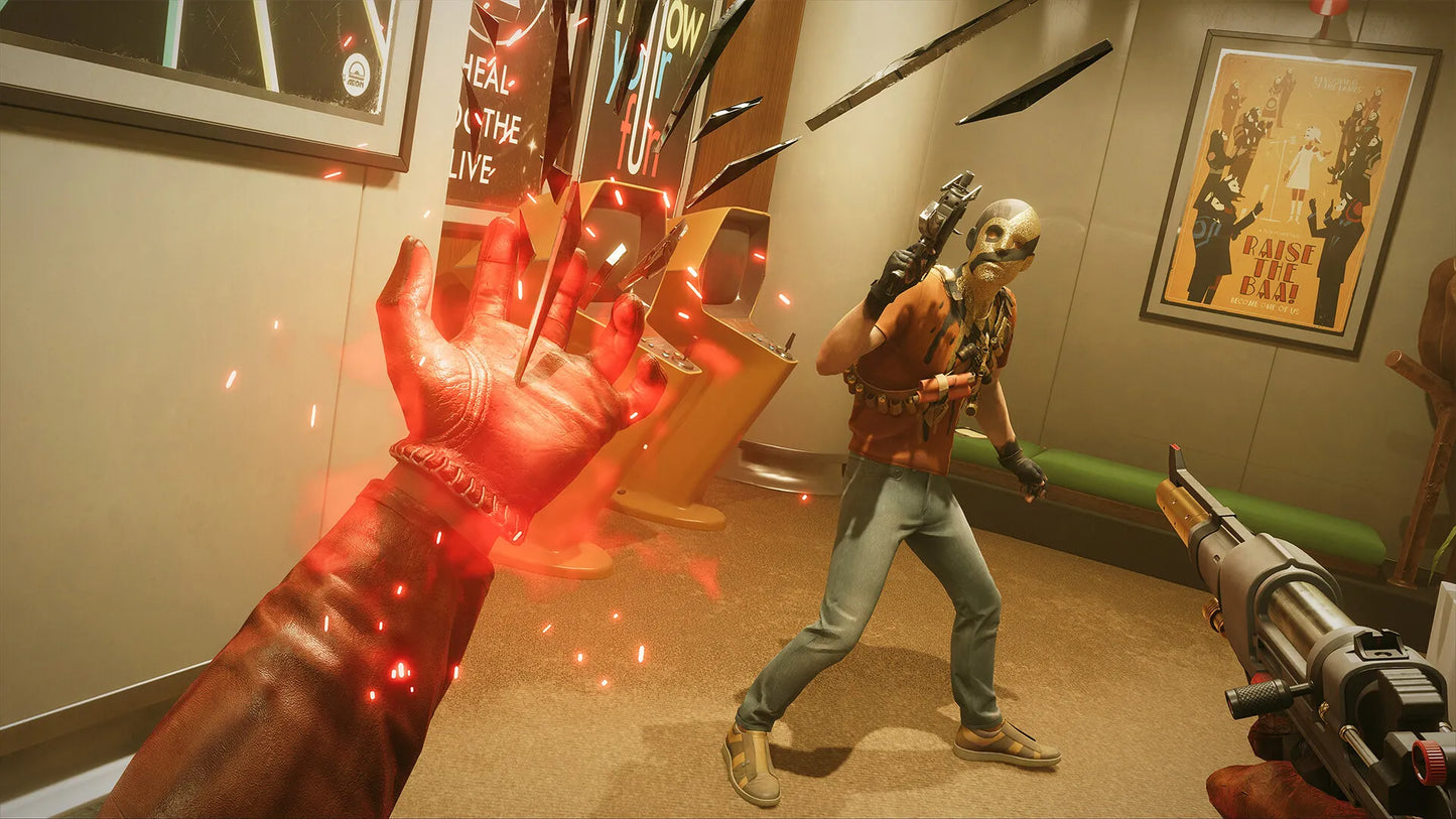 Character with glowing red hand in a room with another character and weapons.