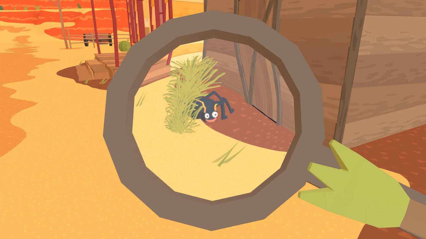 Cartoon character using a magnifying glass to look at a spider on a leaf