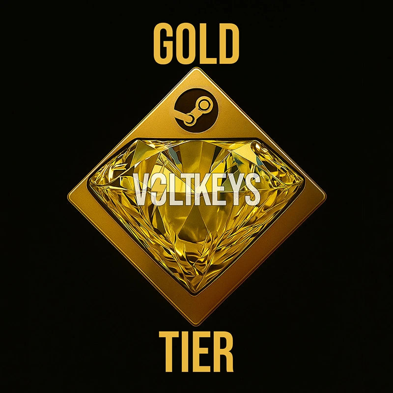 Gold diamond-shaped badge with 'Gold Tier' text and Steam logo on a black background