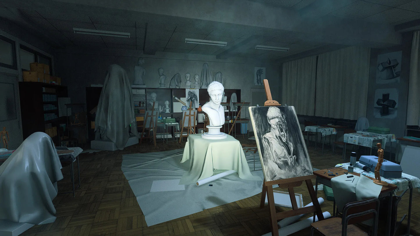 Artistic studio with sculptures, easel, and draped figures in a dimly lit room.