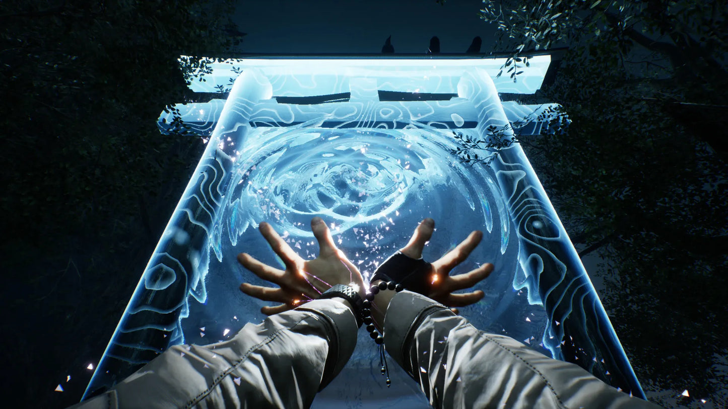 Person's hands reaching towards a glowing blueportal in a forest setting