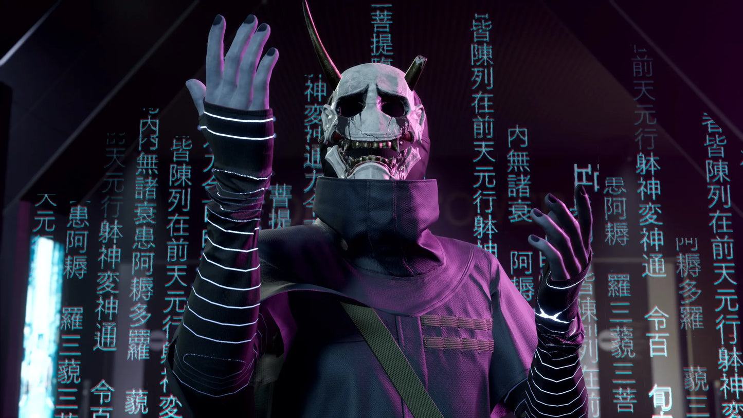 Person wearing a mask and gloves with glowing wristbands against a digital background with text.