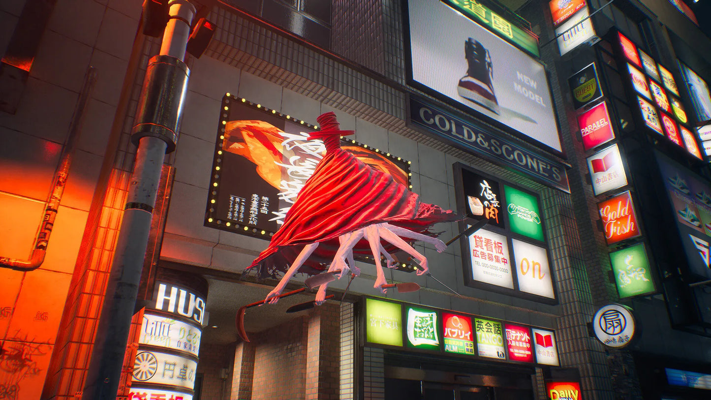 Neon signs and advertisements on a building facade at night.
