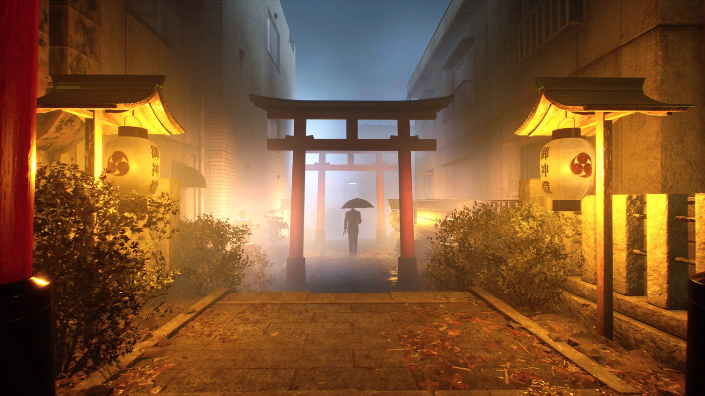 Person holding an umbrella walking towards a Torii gate in a foggy, Japanese-style setting with lanterns.