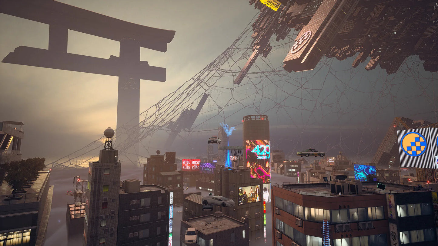 Futuristic cityscape with towering buildings and a large crane under a cloudy sky.