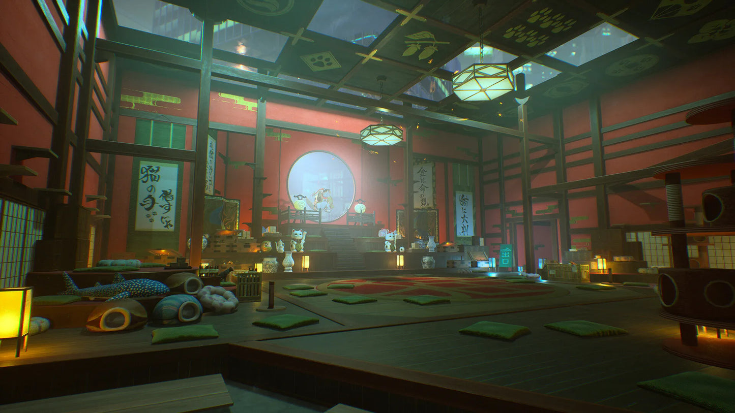Traditional Japanese room with wooden floors, tatami mats, and lanterns.