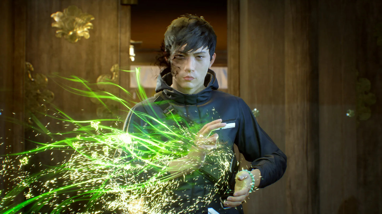 Person holding a green energy effect in a dark setting