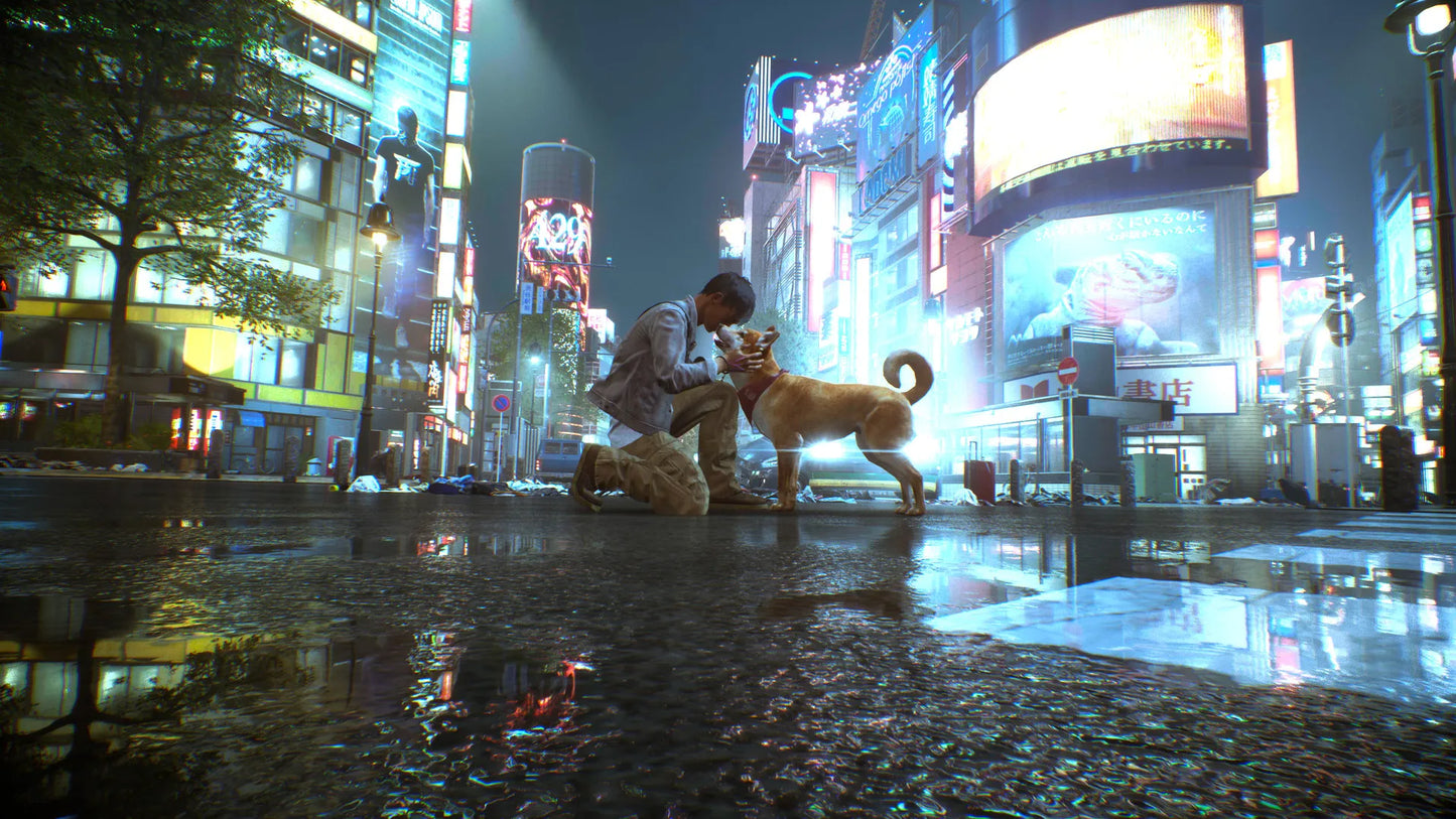 Person with a dog in a futuristic city at night