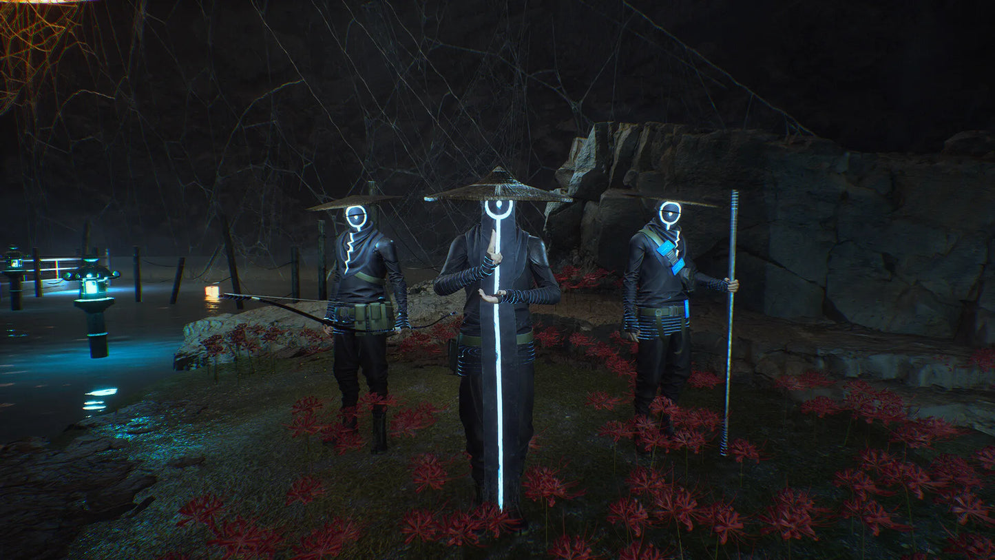Three animated characters with glowing eyes in a dark, eerie landscape with flowers.