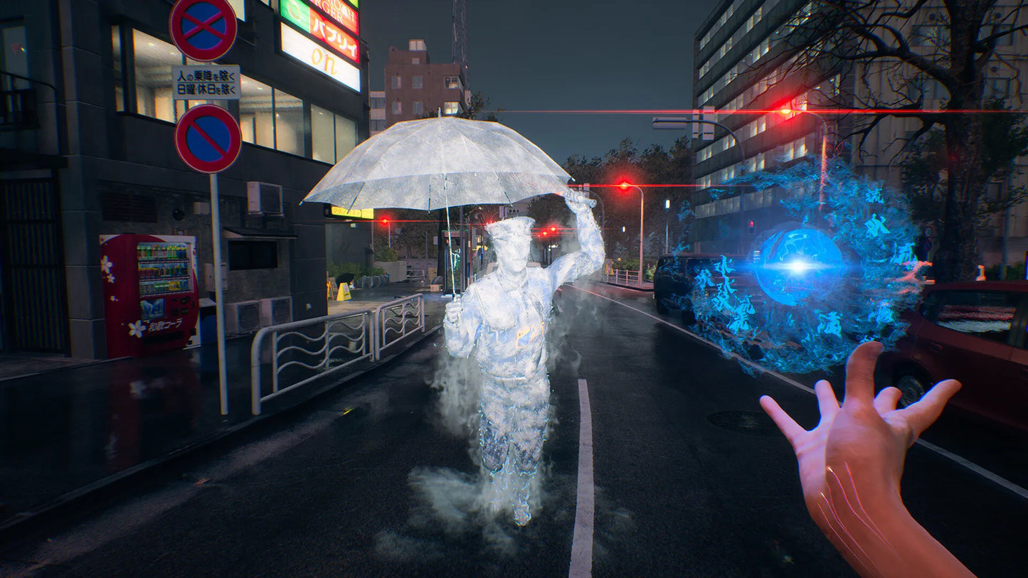 Ghostly figure holding an umbrella on a city street at night with blue glowing effect
