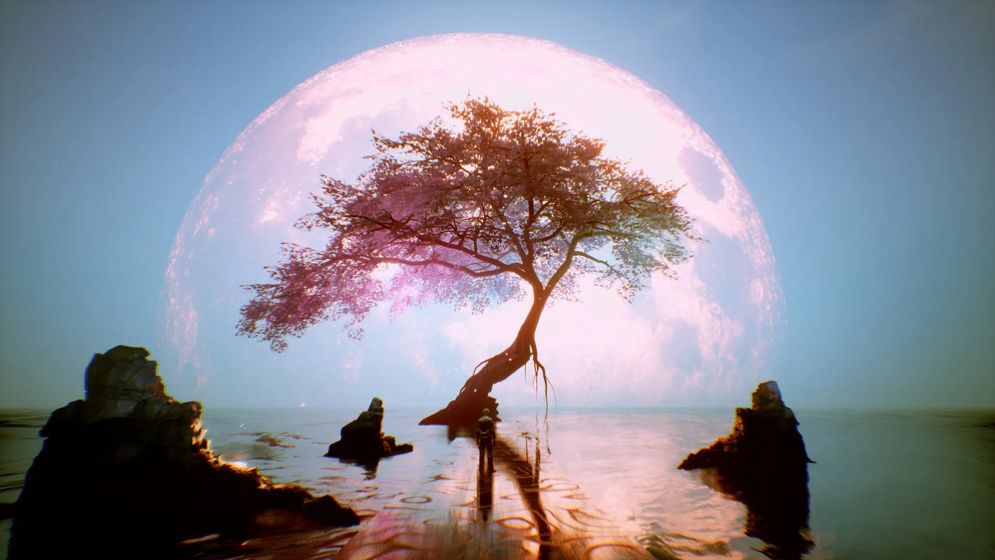 Tree on a rock with a large pink moon in the sky