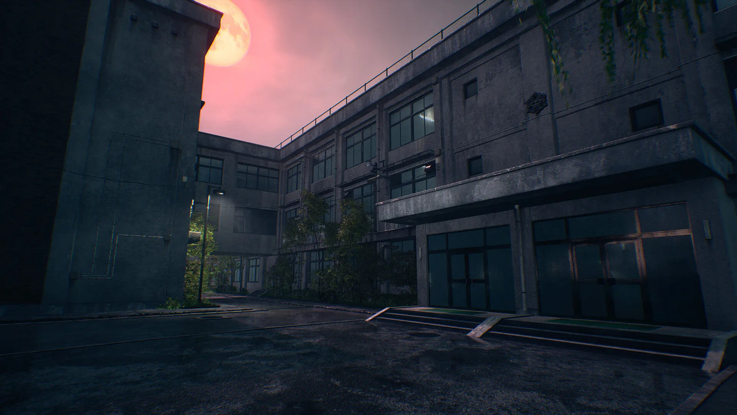 Abandoned building with a pink sky and moon