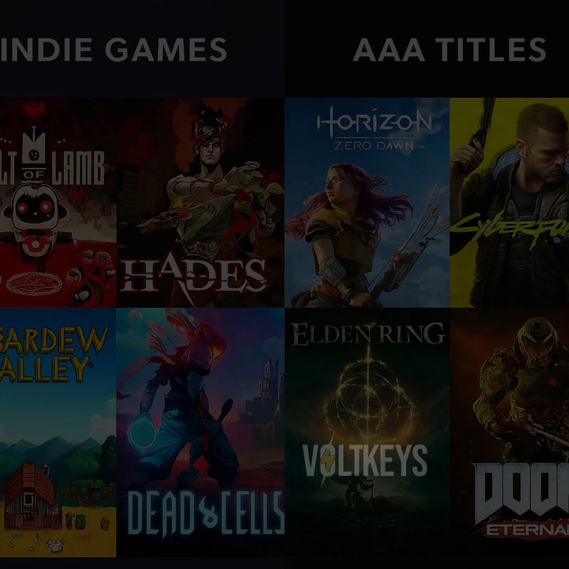 Collage of indie and AAA game covers with titles displayed.