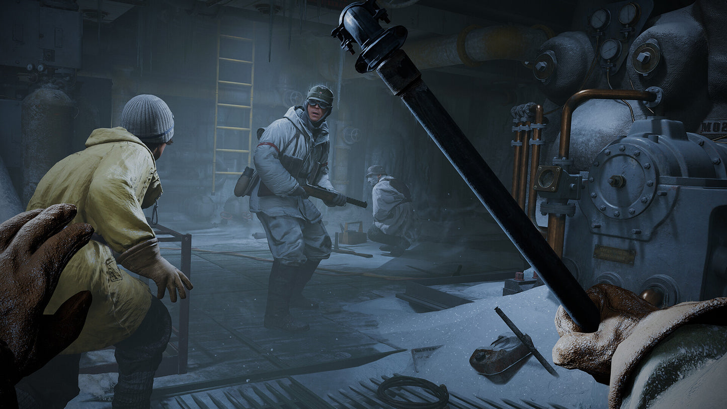 Two soldiers in a dimly lit industrial setting with a large weapon held by a third person.
