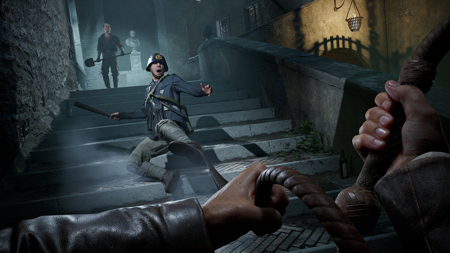 Dark, atmospheric scene with a character holding a weapon on a staircase.