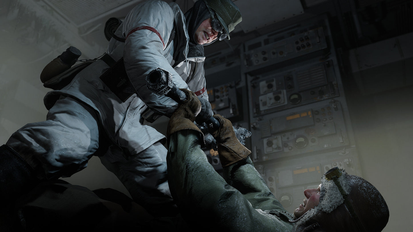 Two characters in a tense confrontation inside a spacecraft cockpit.