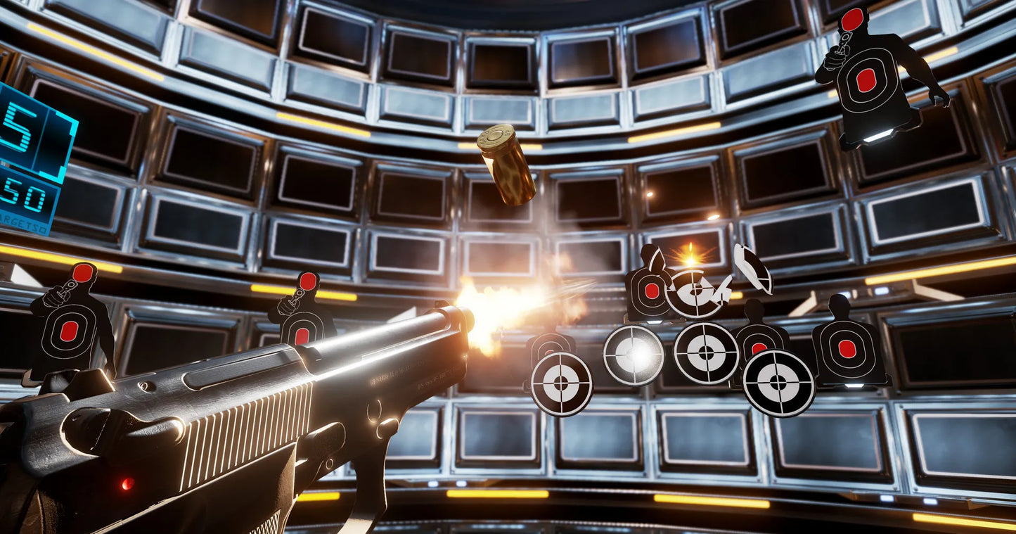 Video game scene with a futuristic gun and digital displays.