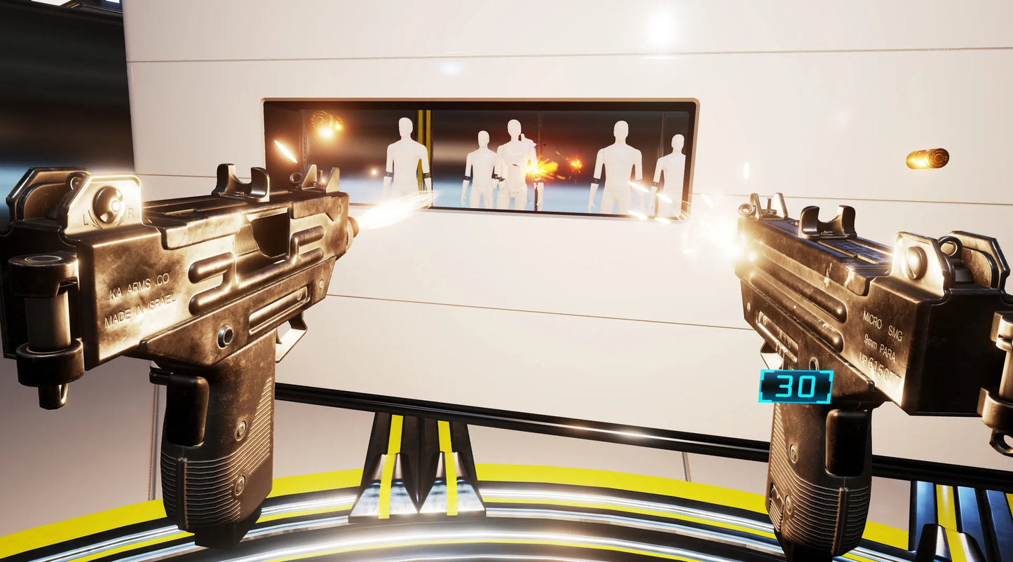 Two futuristic guns on a reflective surface with a screen displaying silhouettes in the background.