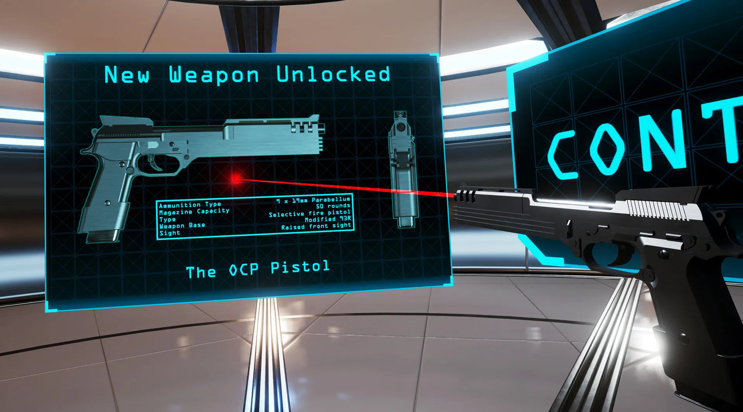 Gaming console screen displaying a new weapon 'OCP Pistol' with a gun in the foreground.