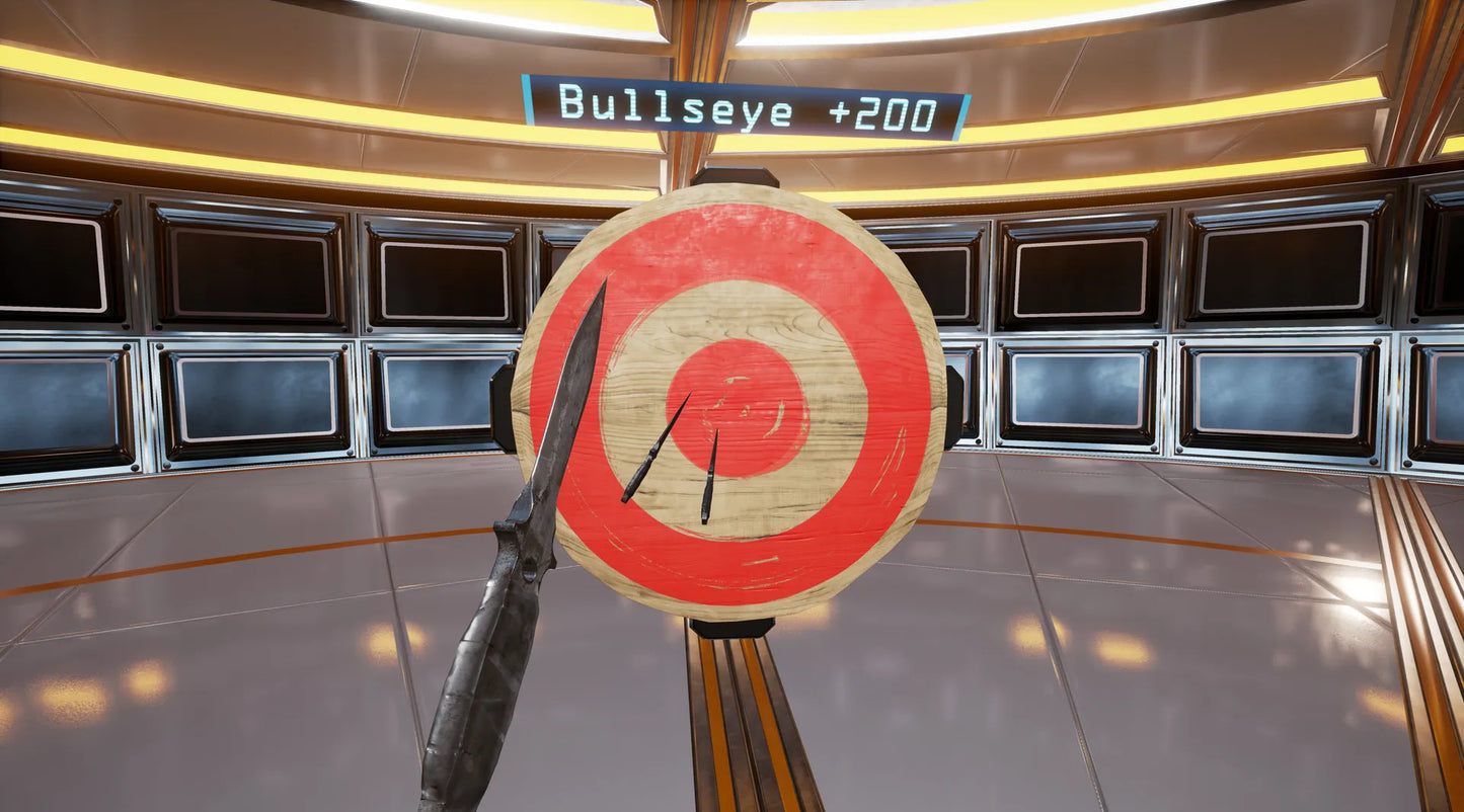 Target with a bullseye and a pair of scissors in a room with multiple screens.