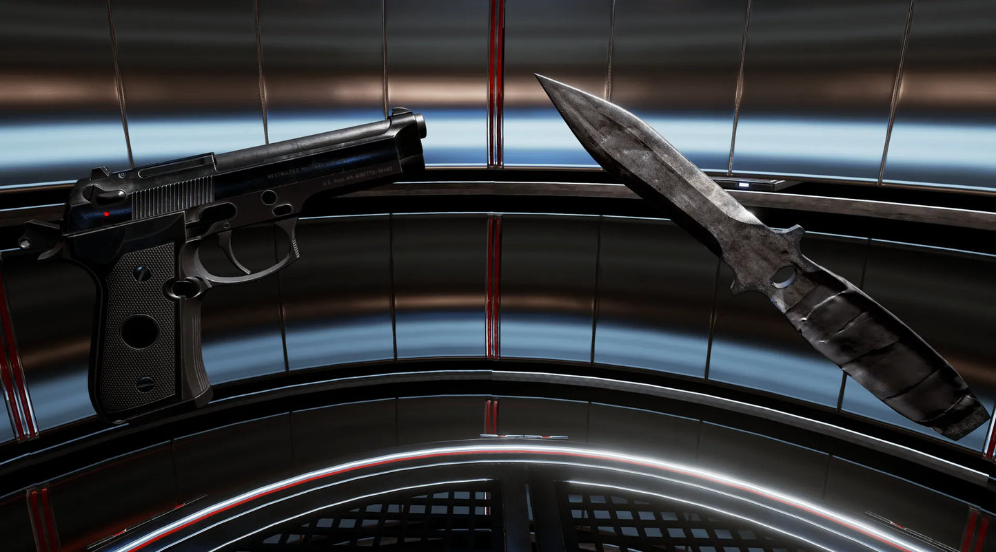 Weapon with a futuristic design on a reflective surface