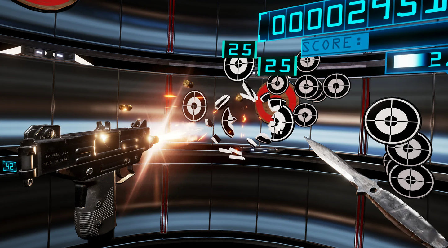 Video game scene with a futuristic interface and weapon, featuring a score display.