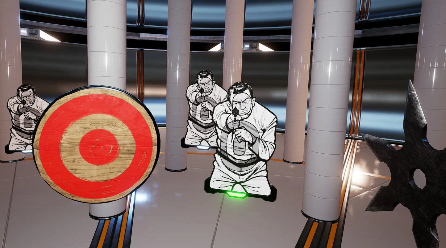 Animated character in a karate pose with a target and black belt in a modern indoor setting.