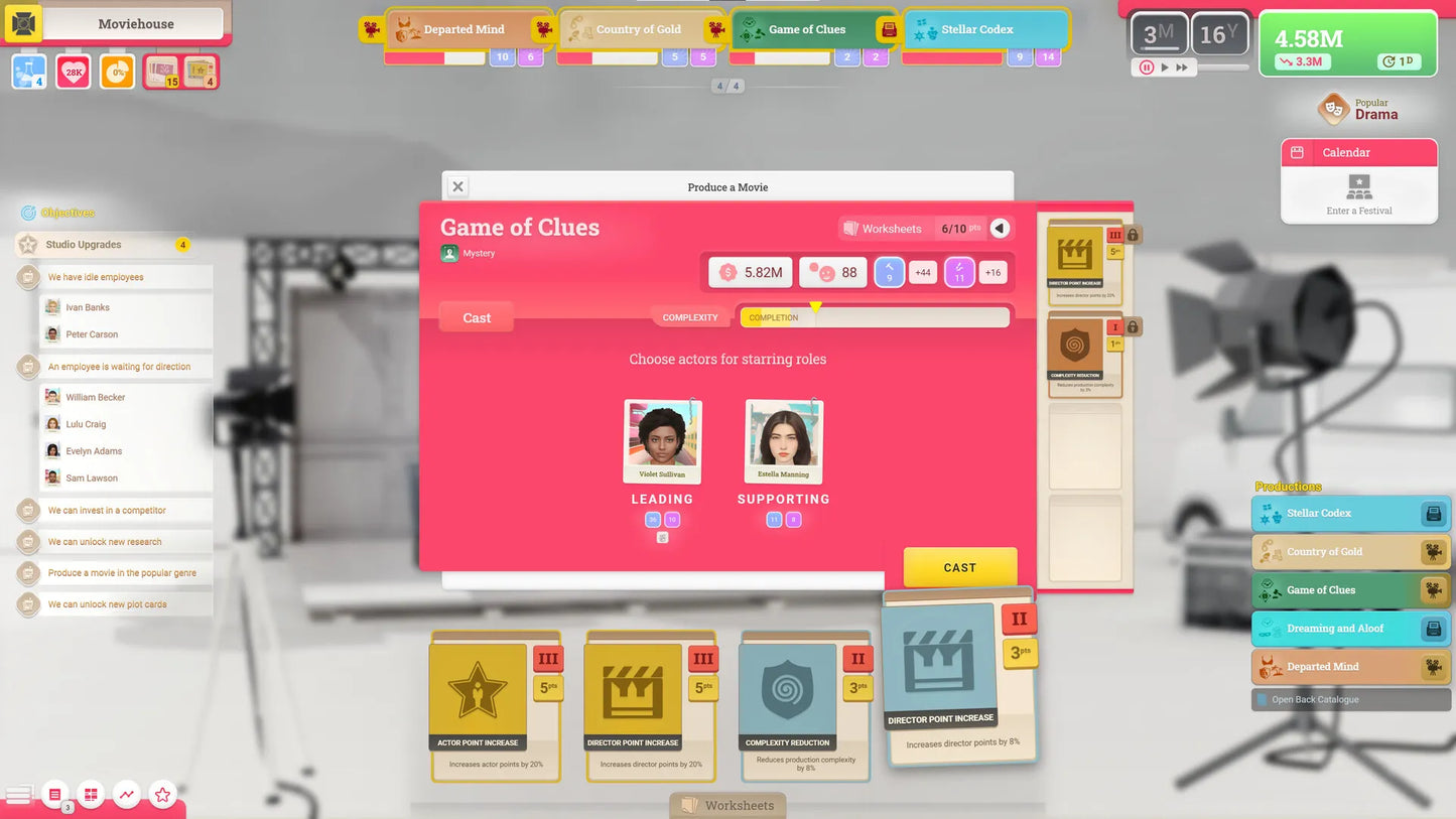 Game interface for 'Game of Clues' on a computer screen with various game elements and options.