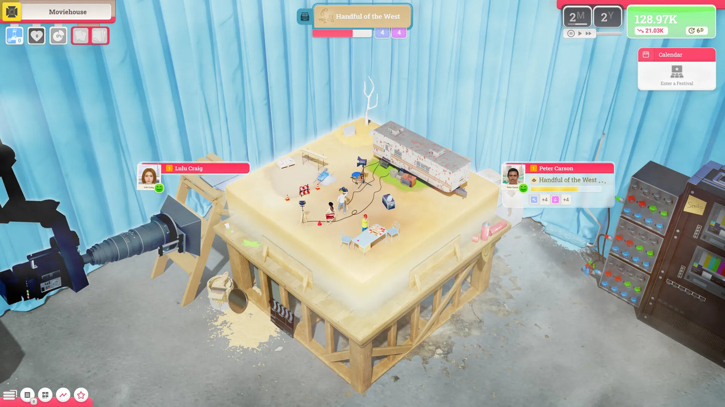 Sandbox game interface with a table and various items on a blue curtain background