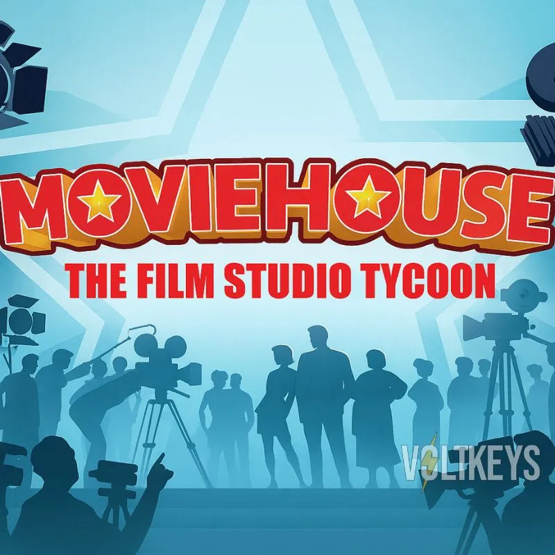 Game title 'Moviehouse: The Film Studio Tycoon' with film studio elements on a blue background.