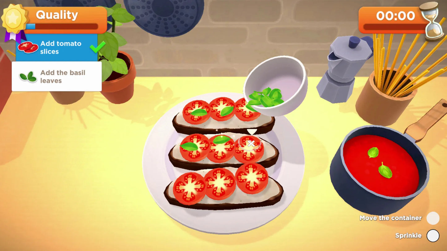 Cooking simulation game interface with ingredients and tools on a table