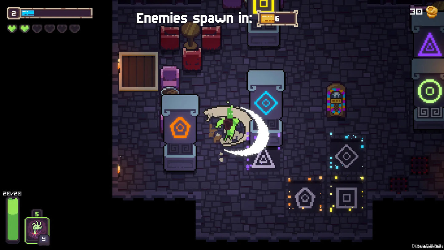 Game screen showing a dungeon-like environment with glowing symbols and text indicating enemy spawn.