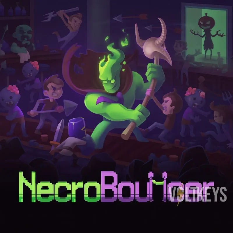 Animated character with green skin and a weapon in a dark room with other characters.