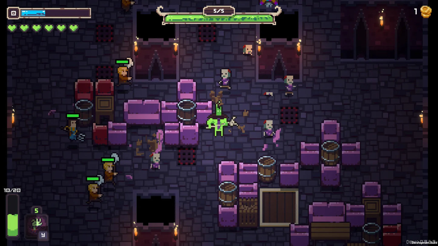 Screenshot of a dungeon crawler game with characters and rooms.
